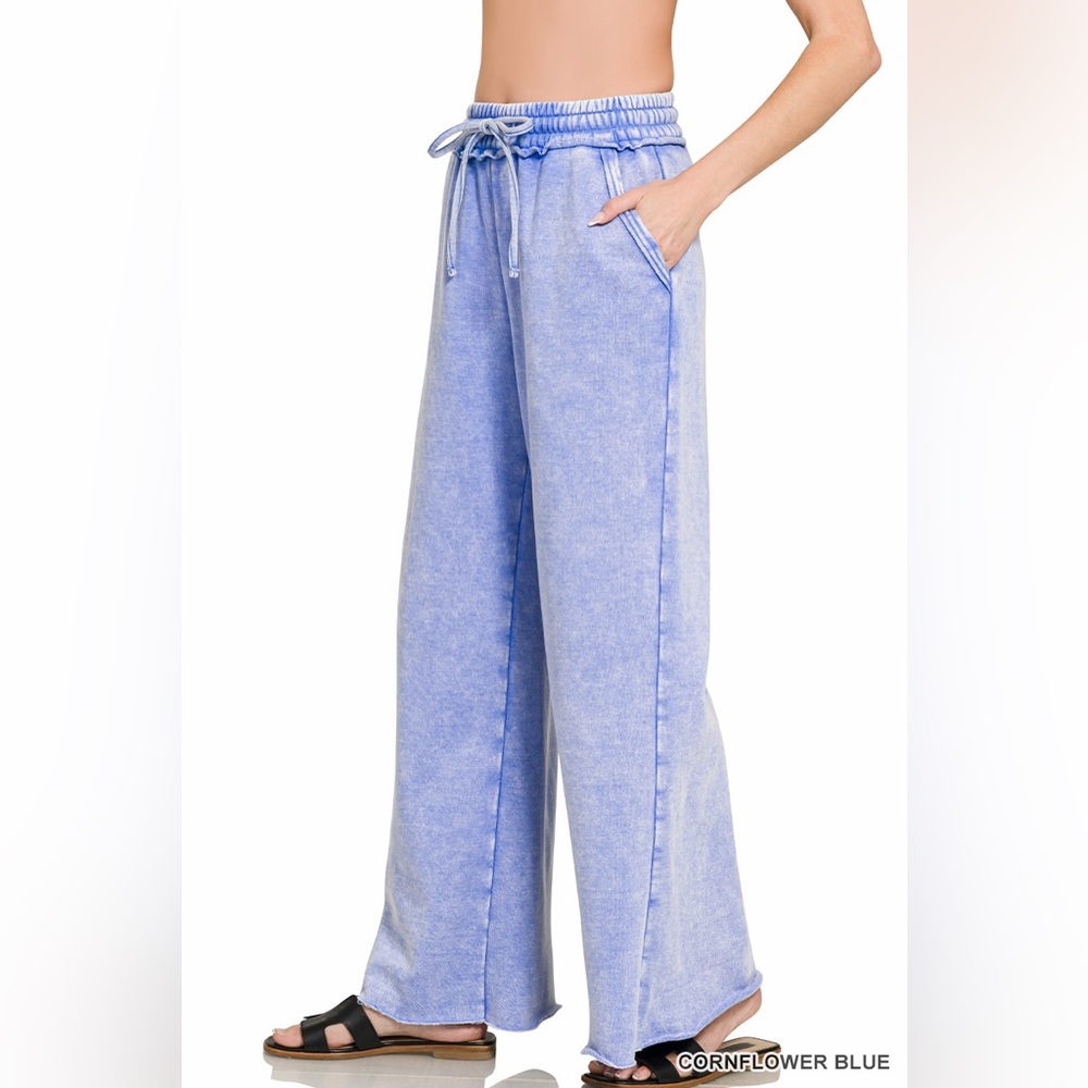 Zenana Acid Wash Fleece Palazzo Sweatpants – Cornflower Blue - Picture 3 of 5
